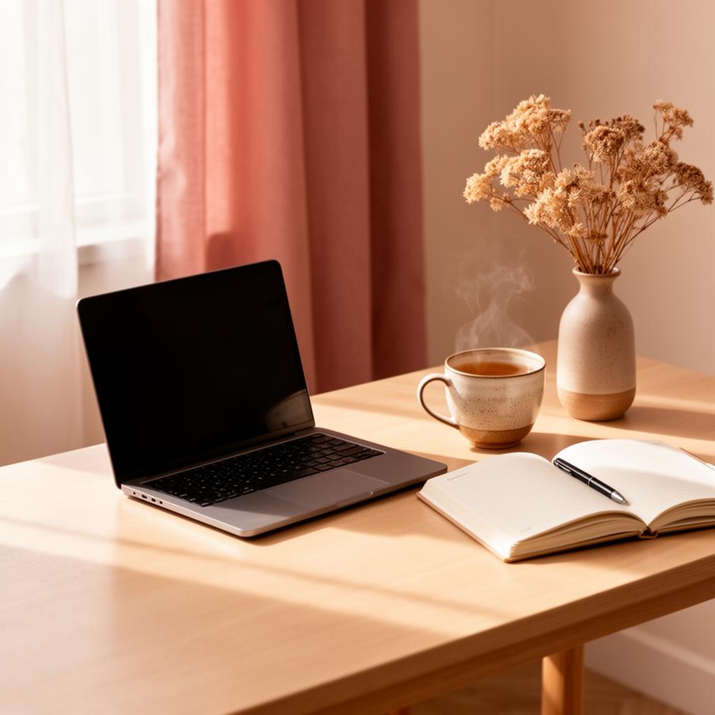 Escritorio cálido con portátil y libreta